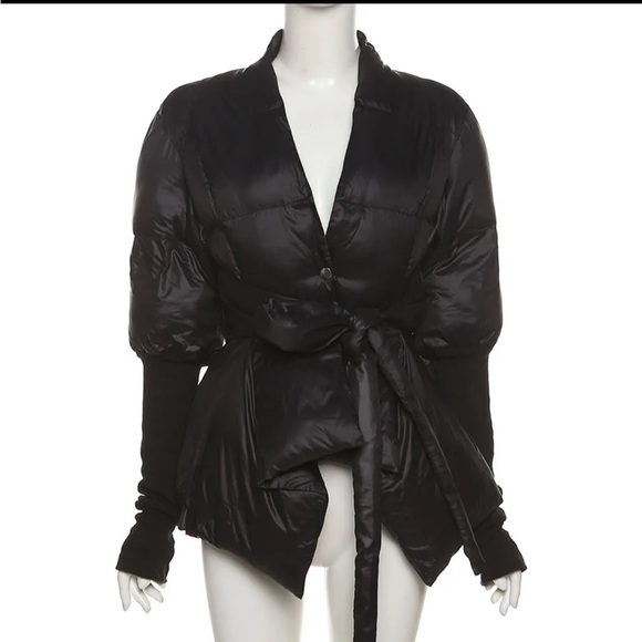 Black puffer jacket with knit sleeves winter coat down puffer jacket - Picture 2 of 4